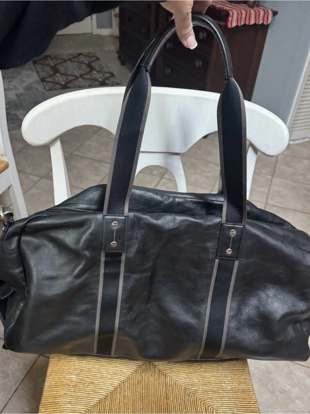 Coach Black Leather Duffel Bag with Gray Trim